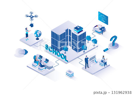 School learning 3d isometric concept with isometry people design for web. Students studying in classrooms and online, going at lessons in class, reading books and get education. Vector illustration. 131962938