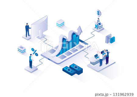 Sales management 3d isometric concept with isometry people design for web. Team analyzing financial data with growth arrow, developing marketing strategy, planning profit goals. Vector illustration. 131962939