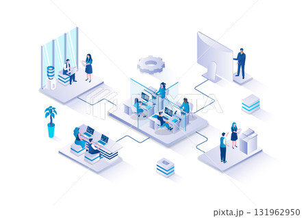 Open space office 3d isometric concept with isometry people design for web. Employees working in coworking place together, setting and doing tasks, collaborating and brainstorm. Vector illustration. Open space office 3d isometric concept with isometry people design for web. Employees working in coworking place together, setting and doing tasks, collaborating and brainstorm. Vector illustration. 131962950