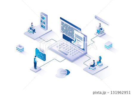 Online studying 3d isometric concept with isometry people design for web. Students watching video and online lecture, reading books, studying remotely, graduating and get diploma. Vector illustration. 131962951
