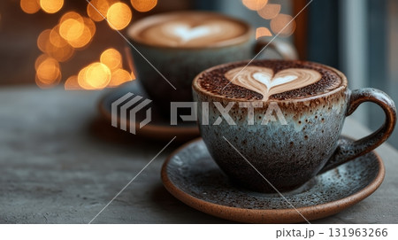 Warm Coffee Cups With Heart-Shaped Foam on a Cozy Table During Evening Hours 131963266