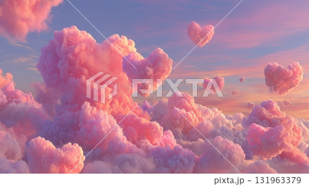 Heart-shaped Clouds Drift in the Pastel Sky During Sunset Over a Serene Landscape Heart-shaped Clouds Drift in the Pastel Sky During Sunset Over a Serene Landscape 131963379