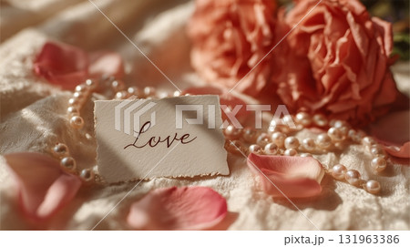 Delicate Pink Flower and Jewelry Accompany Heartfelt Love Note on Silky Fabric 131963386