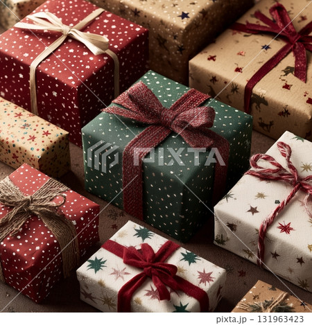 Colorful Wrapped Gifts Arranged Beautifully on a Festive Table During a Holiday Celebration 131963423