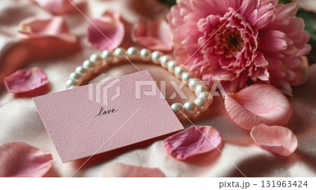 Delicate Pink Flower and Jewelry Accompany Heartfelt Love Note on Silky Fabric 131963424