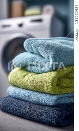 Colorful Stacked Towels Near a Washing Machine in a Laundry Room Setting 131963425
