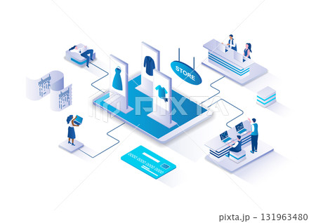 Online shopping 3d isometric concept with isometry people design for web. Customers choosing new products on store website, ordering and paying with credit card for purchases. Vector illustration. 131963480