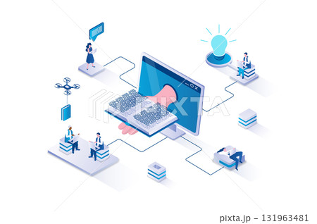 Online reading 3d isometric concept with isometry people design for web. Students reading e-books using computer, studying textbooks on laptops, working with digital archive. Vector illustration. 131963481