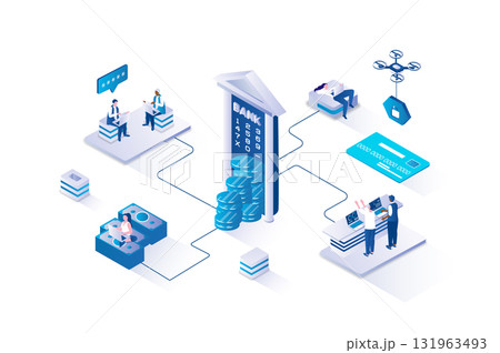 Mobile banking 3d isometric concept with isometry people design for web. Bank clients making financial transactions, taking money cash from account in atm, managing accounts. Vector illustration. 131963493
