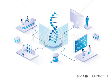 Medical laboratory 3d isometric concept with isometry people design for web. Scientists team doing medical research in lab, studying dna molecule, making genetic experiments. Vector illustration. Medical laboratory 3d isometric concept with isometry people design for web. Scientists team doing medical research in lab, studying dna molecule, making genetic experiments. Vector illustration. 131963503