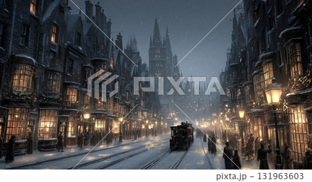 Winter Evening in a Historic Town With Snow-Covered Streets and Tall Spires Winter Evening in a Historic Town With Snow-Covered Streets and Tall Spires 131963603