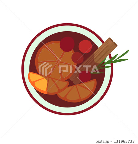 Mulled wine vector illustration. Hot spiced red wine alcoholic drink with orange slices, berries, cinnamon stick isolated on white background. Traditional cozy winter beverage for Christmas party 131963735