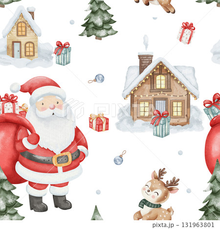 Seamless watercolor pattern in cute childish style. Santa Claus, reindeer in scarf, sack of gifts, cozy wooden houses and snowy Christmas tree. white background, for children product, holiday design 131963801