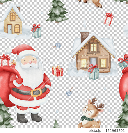 Seamless watercolor pattern in cute childish style. Santa Claus, reindeer in scarf, sack of gifts, cozy wooden houses and snowy Christmas tree. white background, for children product, holiday design 131963801