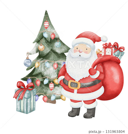 Watercolor illustration of Santa Claus standing with sack of gifts to decorated Christmas tree. Under the tree is gift with red bow. Magical holiday scene. Hand drawn, isolated on white background, 131963804