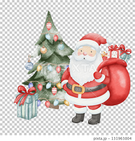 Watercolor illustration of Santa Claus standing with sack of gifts to decorated Christmas tree. Under the tree is gift with red bow. Magical holiday scene. Hand drawn, isolated on white background, 131963804