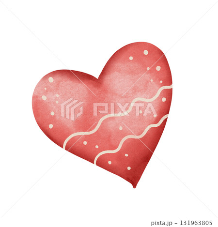 Watercolor illustration of red heart with white ornament and dots, isolated on white background. Hand drawn romantic design for Valentine's Day cards, posters, and decor 131963805