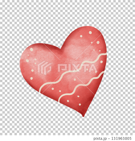 Watercolor illustration of red heart with white ornament and dots, isolated on white background. Hand drawn romantic design for Valentine's Day cards, posters, and decor 131963805