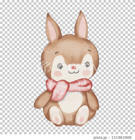 Cute brown watercolor bunny sitting with red scarf. Cozy winter illustration for kids, isolated on white background. Perfect for nursery decor, posters and holiday designs Cute brown watercolor bunny sitting with red scarf. Cozy winter illustration for kids, isolated on white background. Perfect for nursery decor, posters and holiday designs 131963806