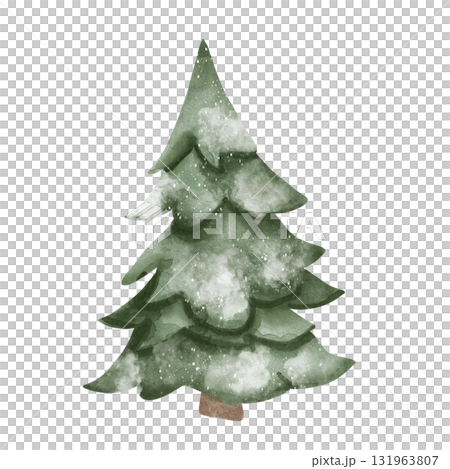 Simple and cute watercolor illustration of green Christmas tree covered with snow. Hand drawn. In minimalistic childish style for holiday cards, winter decorations. Isolated on white background Simple and cute watercolor illustration of green Christmas tree covered with snow. Hand drawn. In minimalistic childish style for holiday cards, winter decorations. Isolated on white background 131963807