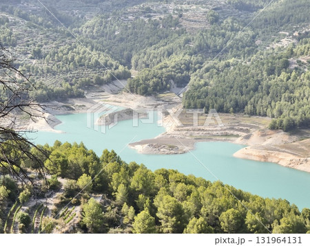 A stunning view of a tranquil lake, beautifully surrounded by lush green forests 131964131