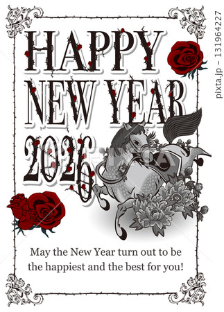 2026年賀状テンプレート「ゴシック調デザイン」ハッピーニューイヤー 英語添え書き付パターン 2026年賀状テンプレート「ゴシック調デザイン」ハッピーニューイヤー 英語添え書き付パターン 131964227