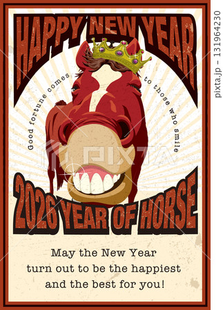 2026年賀状テンプレート「笑う馬」ハッピーニューイヤー　英語添え書き付パターン 131964230