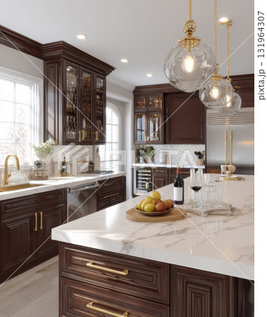 Luxurious traditional kitchen featuring rich dark wood cabinets, white marble island, gold accents on faucet and hardware. Glass globe pendants illuminate space, perfect for high-end home design 131964307