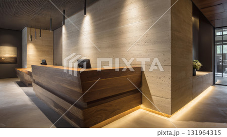 Architecturally striking reception area with walnut wood desk, rammed earth textured walls. Minimalist pendant lights, warm LED strip lighting create dramatic, luxury, earthy modern design aesthetic Architecturally striking reception area with walnut wood desk, rammed earth textured walls. Minimalist pendant lights, warm LED strip lighting create dramatic, luxury, earthy modern design aesthetic 131964315