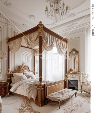 Magnificent baroque bedroom featuring a gilded four-poster bed with canopy drapes, ornate wall and ceiling molding, crystal chandelier, and marble flooring. Epitomizes old-world luxury and royalty 131964316