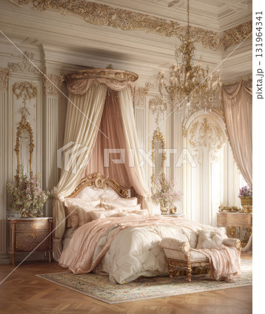 Opulent french rococo bedroom in blush pink and gilded accents. Features a canopy bed, crystal chandelier, and ornate mouldings, perfect for luxury, romance, royal, and high-end interior concepts Opulent french rococo bedroom in blush pink and gilded accents. Features a canopy bed, crystal chandelier, and ornate mouldings, perfect for luxury, romance, royal, and high-end interior concepts 131964341