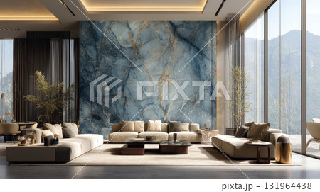 Stunning, ultra-luxury living room interior featuring massive blue and gold marble accent wall. Modern, neutral modular sofas, recessed lighting, floor-to-ceiling windows with panoramic mountain view Stunning, ultra-luxury living room interior featuring massive blue and gold marble accent wall. Modern, neutral modular sofas, recessed lighting, floor-to-ceiling windows with panoramic mountain view 131964438