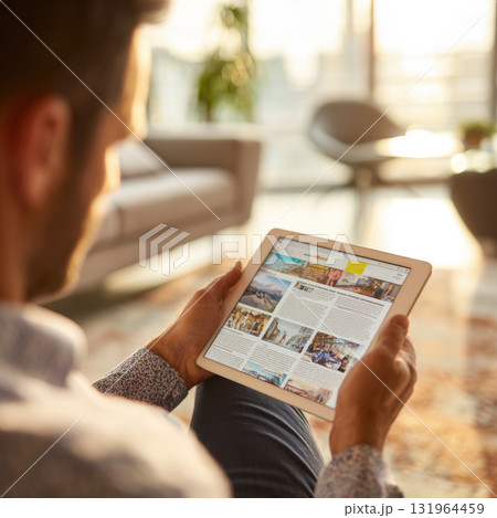 Over-the-shoulder close-up of a man holding a digital tablet displaying a news website or magazine, sitting comfortably in a modern apartment during sunset, enjoying a moment of relaxation 131964459