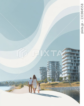 banner or advertisement, featuring a family walking away from camera along a river path next to modern residential buildings. The top section contains abstract, wavy graphic elements banner or advertisement, featuring a family walking away from camera along a river path next to modern residential buildings. The top section contains abstract, wavy graphic elements 131964558