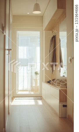 A clean, modern hallway and entryway, featuring light wood floors, built-in minimalist furniture. A large glass door at end fills the space with natural light, creating bright and welcoming atmosphere A clean, modern hallway and entryway, featuring light wood floors, built-in minimalist furniture. A large glass door at end fills the space with natural light, creating bright and welcoming atmosphere 131964666