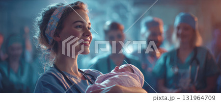 A tender, heartwarming moment shows a smiling female medical professional holding a newborn baby, surrounded by supportive medical team in a hospital setting, symbolizing hope, care, miracle of birth 131964709