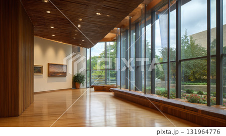 airy museum or gallery interior. Large windows overlooking garden, a polished wooden floor, unique textured ceiling. Paintings on the wall and a long bench provide a serene and artistic atmosphere. 131964776
