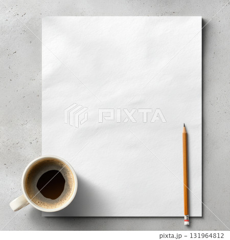 Blank Paper, Coffee Cup, and Pencil for Copy Space A simple, top-down view of a blank sheet of paper on a concrete-like surface, ready for text or design. Next to it, a cup of coffee and a pencil Blank Paper, Coffee Cup, and Pencil for Copy Space A simple, top-down view of a blank sheet of paper on a concrete-like surface, ready for text or design. Next to it, a cup of coffee and a pencil 131964812