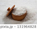 Close up of sea salt in a wooden bowl 131964828