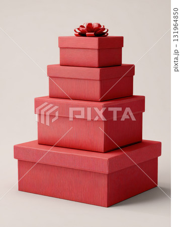 A clean, simple studio shot of a perfectly arranged stack of red gift boxes of varying sizes. Featuring a textured surface, festive bow, this image is perfect for holiday, birthday, anniversary themes A clean, simple studio shot of a perfectly arranged stack of red gift boxes of varying sizes. Featuring a textured surface, festive bow, this image is perfect for holiday, birthday, anniversary themes 131964850