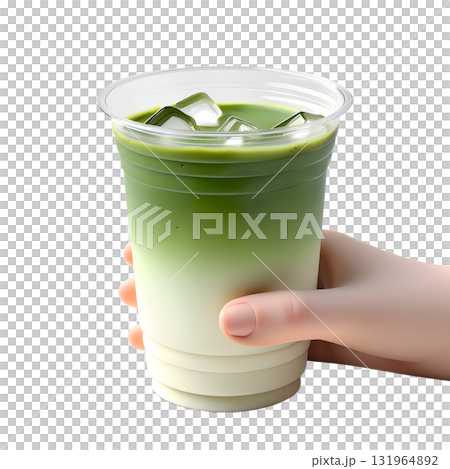Hand holding refreshing matcha iced drink, 3d render of trendy green tea beverage isolated on transparent background 131964892