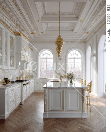 Opulent kitchen interior featuring intricate gold ornamentation on white cabinets, ceiling. The space is a blend of classical luxury and modern comfort, with a large marble island and arched windows Opulent kitchen interior featuring intricate gold ornamentation on white cabinets, ceiling. The space is a blend of classical luxury and modern comfort, with a large marble island and arched windows 131964933