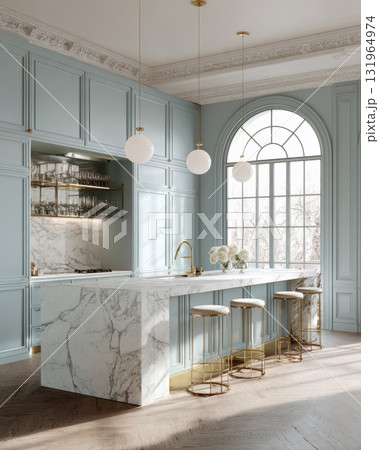 A stunning, high-end kitchen featuring light blue paneled walls and a massive marble island. The space is filled with natural light from arched window, complete with gold fixtures, herringbone floors. A stunning, high-end kitchen featuring light blue paneled walls and a massive marble island. The space is filled with natural light from arched window, complete with gold fixtures, herringbone floors. 131964974