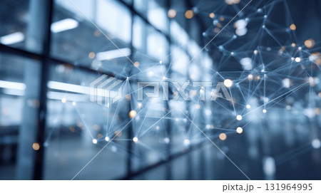 An abstract digital network with glowing dots and connecting lines against a blurred modern office background. This image symbolizes concepts like data transfer, global connection, business technology An abstract digital network with glowing dots and connecting lines against a blurred modern office background. This image symbolizes concepts like data transfer, global connection, business technology 131964995