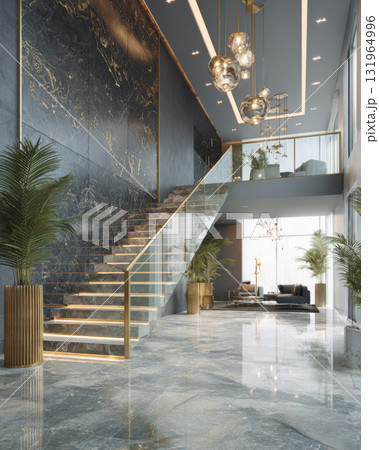 A luxurious and elegant interior space, possibly a hotel lobby, penthouse, or high-end apartment. The room features a grand marble staircase with a glass banister and gold accents 131964996