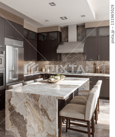 A modern and luxurious kitchen with dark wood cabinetry, a striking marble island and countertops, and a unique textured metallic backsplash that catches the light A modern and luxurious kitchen with dark wood cabinetry, a striking marble island and countertops, and a unique textured metallic backsplash that catches the light 131965029