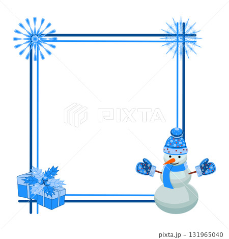 Holiday frame with snowflakes, snowman, gifts, and decorations vector illustration 131965040
