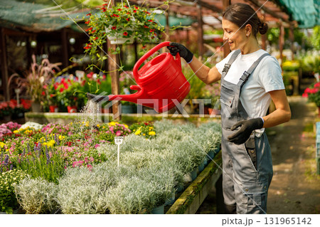 A Woman Tending to Her Plants by Watering at a Beautifully Vibrant Flower Nursery 131965142