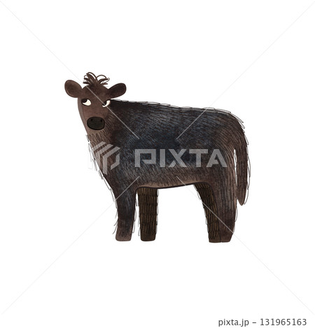 The Dexter is an Irish breed of small cattle. Cow or Bull. Character for packaging, children's book and encyclopedia. Isolated watercolor illustration in retro style. Clipart. The Dexter is an Irish breed of small cattle. Cow or Bull. Character for packaging, children's book and encyclopedia. Isolated watercolor illustration in retro style. Clipart. 131965163