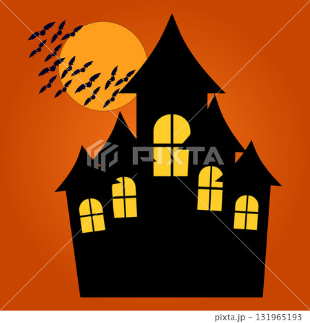 A spooky silhouette of a haunted house with glowing windows, surrounded by flying bats and a bright orange full moon. Creating a perfect eerie atmosphere for Halloween decorations or themed parties. A spooky silhouette of a haunted house with glowing windows, surrounded by flying bats and a bright orange full moon. Creating a perfect eerie atmosphere for Halloween decorations or themed parties. 131965193